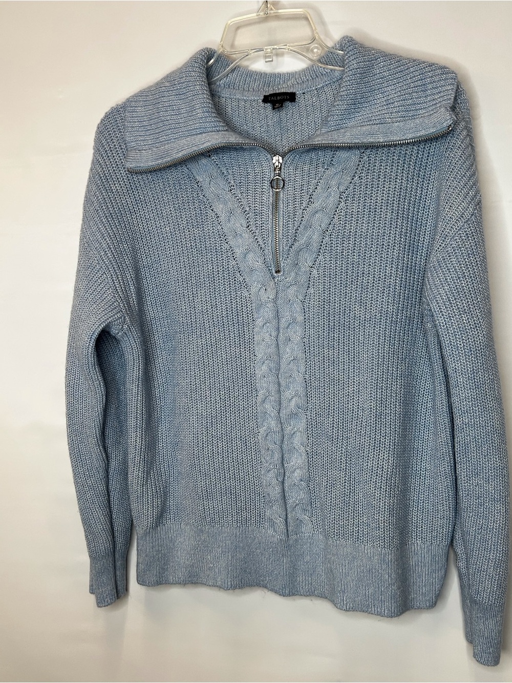 Talbots Pale Blue Half-Zip Cable Knit Sweater